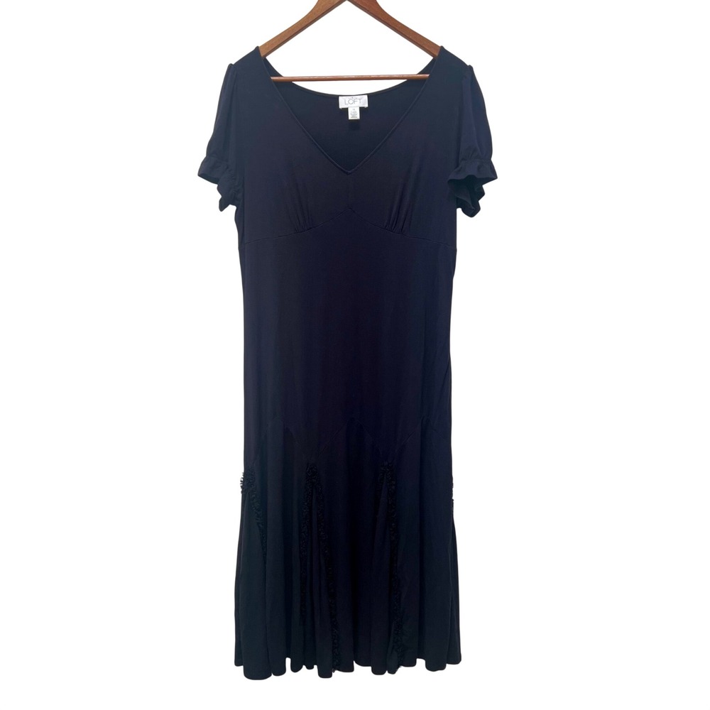 Ann Taylor LOFT Black V-Neck Ruffle Trim Short Sleeve Midi Dress 12 Whimsigoth